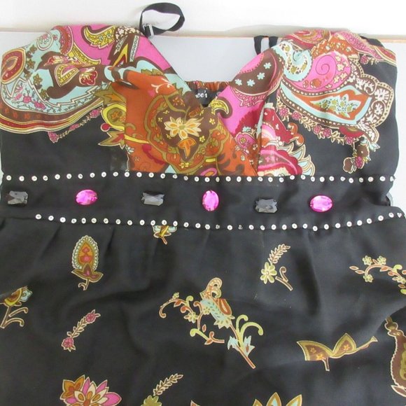 CASSEE'S Sundress Size 2X Colorful Gems Pink Black Pull-On V-Neck Smocked Back - Picture 9 of 12